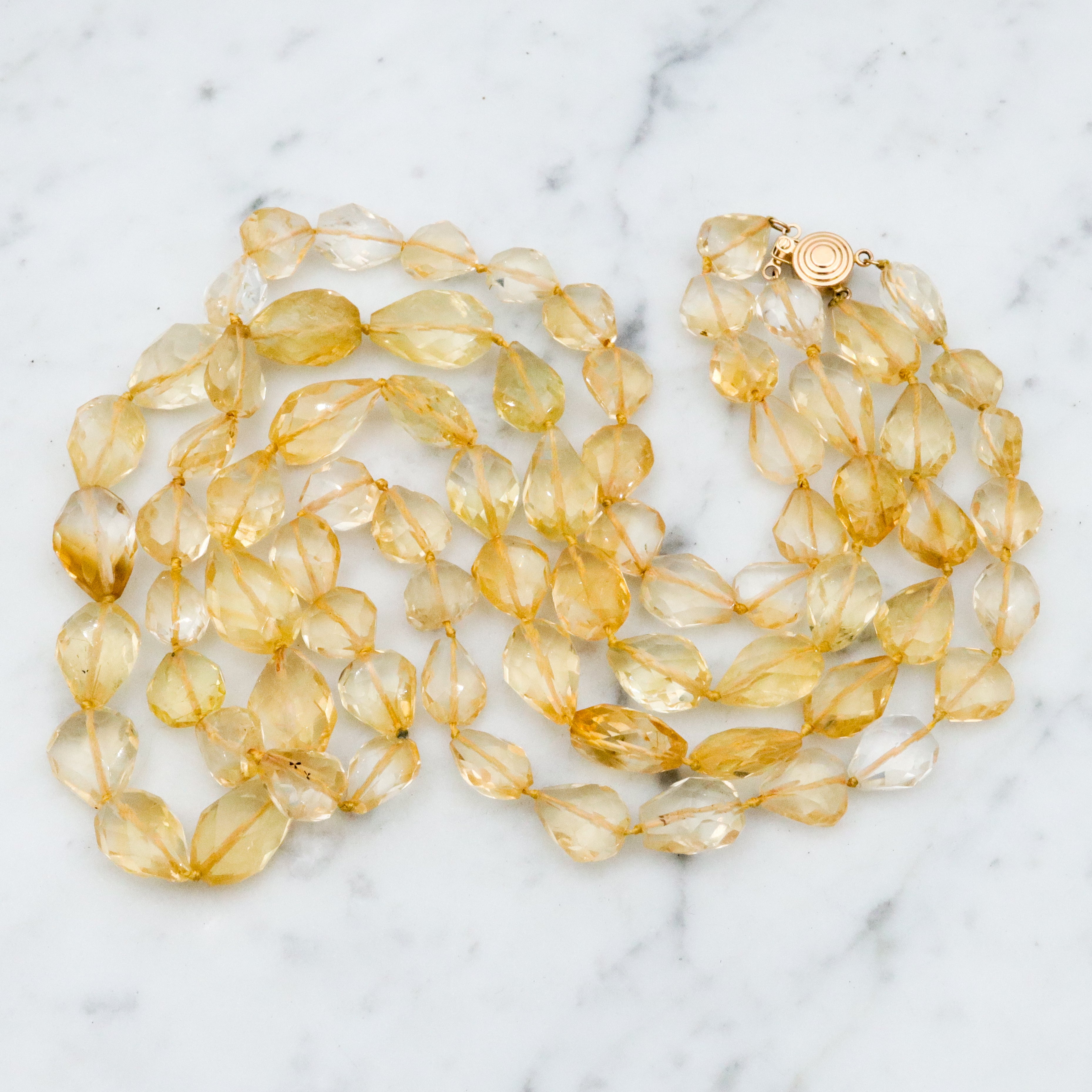 Retro double strand hand cut natural citrine beaded necklace with 14k clasp